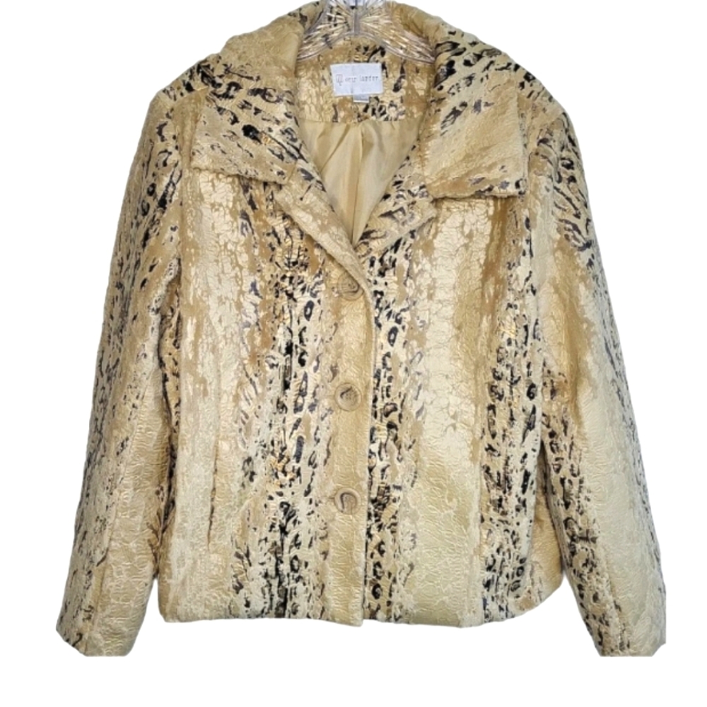 Erin London Cream Tan Gray Gold Shimmer Animal Print Faux Fur Blazer